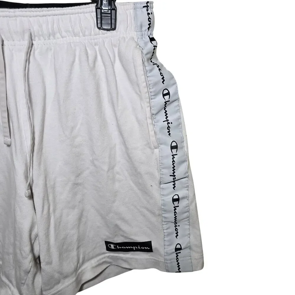 Vintage Mens Champion White Shorts Side Stripe Pockets Cotton Size Med Tie Waist